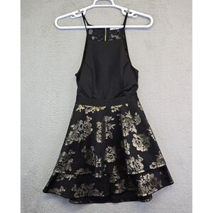 Mi Ami Dress Womens L Black Gold Floral Fit N Flare Keyhole Back Layered Preppy‎